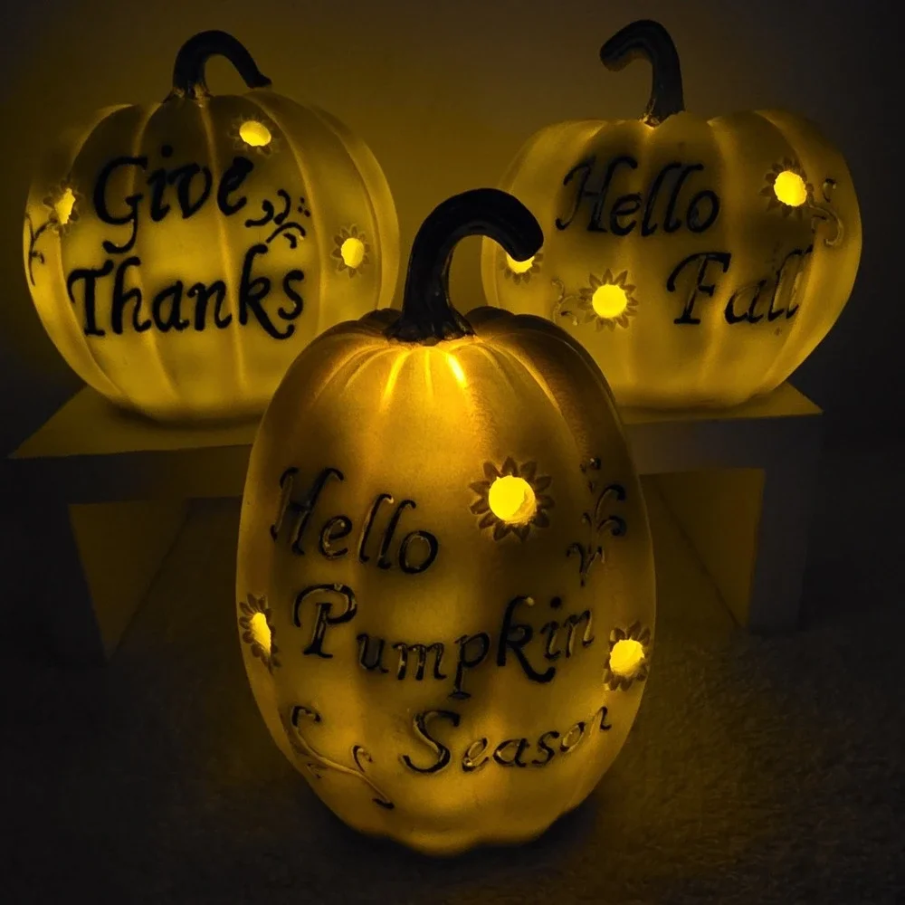 Set Of 3 Light Up Battery Orange Pumpkins Welcome Hello Fall Season Give Thanks